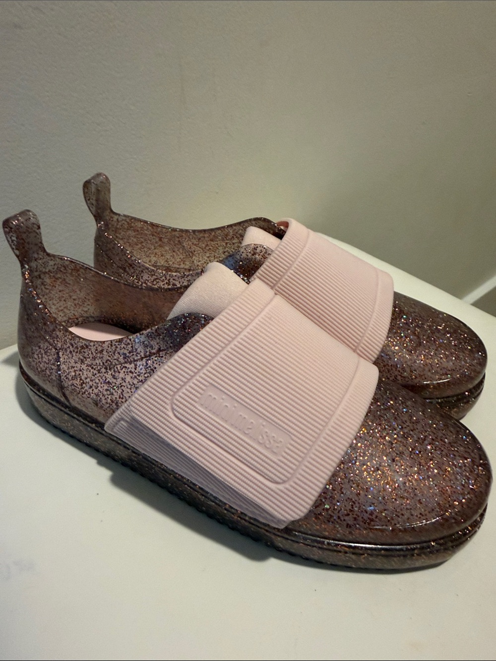 Mini Melissa Kids Glitter Slip-Ons in Pink Glitter and Pink Upper Girls 3